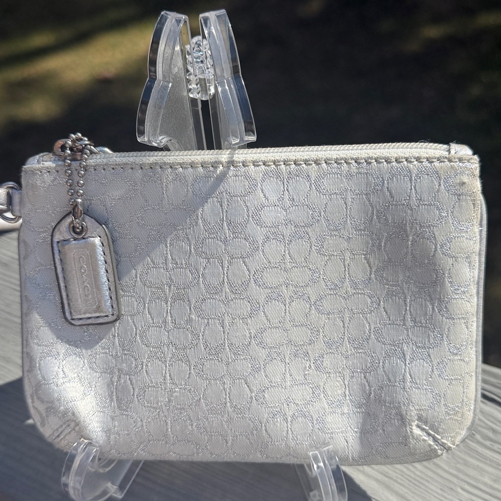 Coach Signature Jacquad Metallic (Silver) With Leather Trim Wristlet